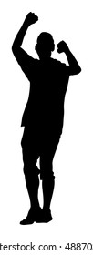 Party dancer boy with hands up in the air, vector silhouette illustration isolated on white background. Night life concept. Happy man dancing in night club.