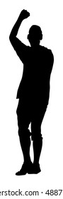 Party dancer boy with hands up in the air, vector silhouette illustration isolated on white background. Night life concept. Happy man dancing in night club.