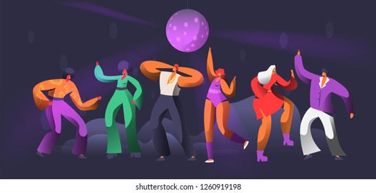 Party Dancer Character Dance in Nightclub. Disco Ball Over Group of People Dancing. Happy Friends Clubbing Concept for Print Banner. Flat Cartoon Vector Illustration