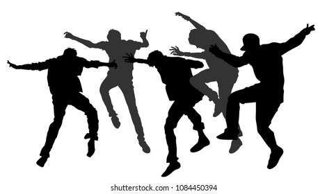 Party dancer people boys vector silhouette illustration isolated. Nightlife party crew dancing shape. Disco club event. Bachelor party.  Birthday celebration. Teenagers good mood. Fun entertainment.