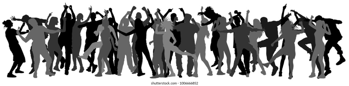 Party dancer people, girls and boys vector silhouette illustration. Nightlife party concept with crew dancing. Disco club event.  Birthday celebration. Teenagers in good mood. Fun and entertainment.