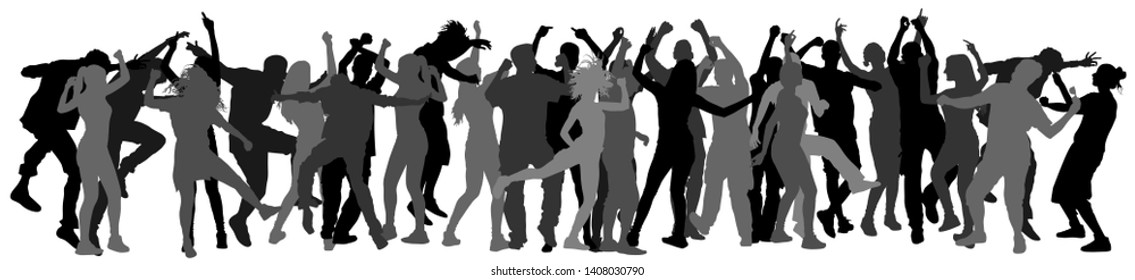 Party dancer people, girls and boys vector silhouette illustration. Nightlife party concept with crew dancing. Disco club event.  Birthday celebration. Teenagers in good mood. Fun and entertainment.