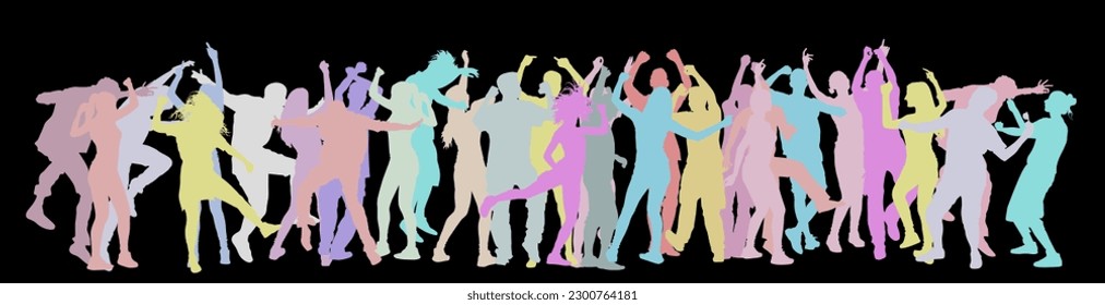 Party dancer people, girls and boys vector silhouette illustration isolated on black. Nightlife party crew dancing. Disco club event.  Birthday celebration. Teenagers in good mood. Fun entertainment.