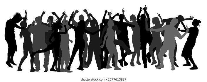 Party dancer people, girls and boys vector silhouette illustration isolated white. Nightlife party crew dancing. Disco club event.  Birthday celebration. Teenagers in good mood. Fun entertainment.