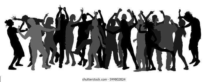 Party dancer people, girls and boys vector silhouette illustration. Nightlife party concept with crew dancing. Disco club event.  Birthday celebration. Teenagers in good mood. Fun and entertainment.