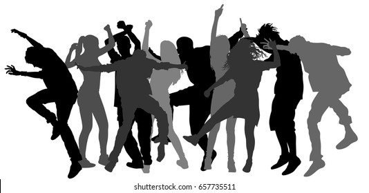 Party dancer people, girls and boys vector silhouette illustration. Nightlife party concept with crew dancing. Disco club event.  Birthday celebration. Teenagers in good mood. Fun and entertainment.