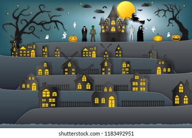 Party in the dark night halloween festival and full moon background as happy, paper art and craft style concept. vector illustration.