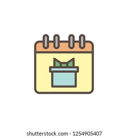 Party day date filled outline icon, line vector sign, linear colorful pictogram isolated on white. Calendar with gift box symbol, logo illustration. Pixel perfect vector graphics