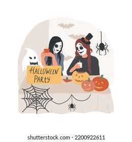 Party decor isolated cartoon vector illustration. Girls with scary makeup preparing for Halloween party, spider web at home, holiday celebration, traditionally decorated table vector cartoon.