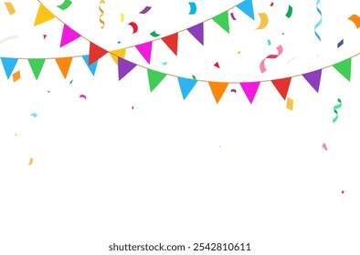 Party Decor with Multicolored Flags and Confetti. Birthday bunting flags with confetti.