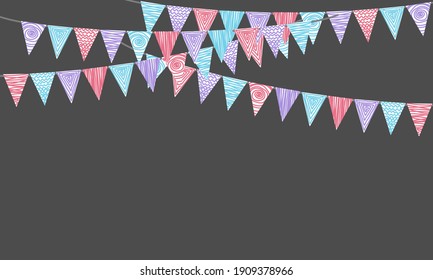 Concepto de decoración de fiestas con tonos pastel colgados en la parte superior. Ilustración vectorial con espacio de copia para el texto. Saludo o invitación del partido con guirnaldas de bandera de carnaval.