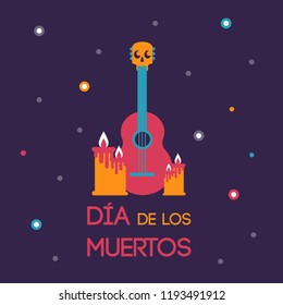 Party Decoration Banner Invitation for the Day Of Dead with with guitar and burning candles. Dia De Los Muertos text