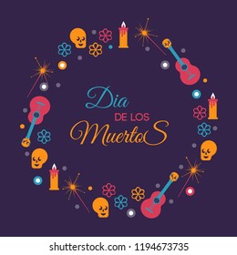 Party Decoration Banner Invitation for the Day Of Dead with with guitar and burning candles. Dia De Los Muertos text