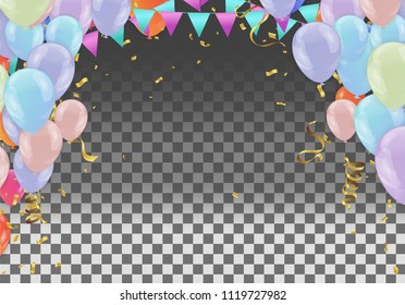 Party decoration concept Happy Birthday greeting background celebration colorful balloons on a bright  confetti. vector 