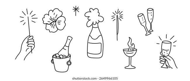 Party Decoration Element. Champagne Bottle in Ice and Human hands with Glasses of Wine. Outline Contour Drawing Style Minimalist Design. Birthday Greeting Party Symbol Sign Doodle Silhouette Line Art.