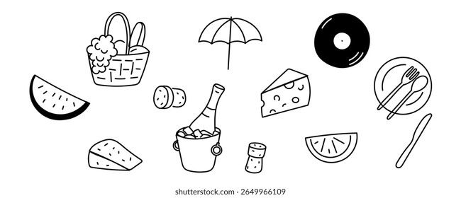 Party Decoration Element. Champagne Bottle in Ice, Cheese, Picnic Basket. Outline Contour Drawing Style Minimalist Design. Birthday Greeting Party Symbol Sign Doodle Silhouette Line Art.