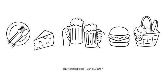 Party Decoration Element. Hand Holding Beer, Burger, Cheese, basket with Food. Outline Contour Drawing Style Minimalist Design. Birthday Greeting Party Symbol Sign Doodle Silhouette Line Art.