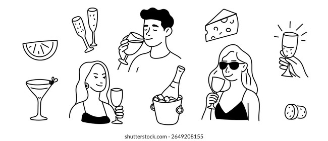Party Decoration Element. People drinking Cocktails and Champagne from Wineglasses. Outline Contour Drawing Style Minimalist Design. Birthday Greeting Party Symbol Sign Doodle Silhouette Line Art.