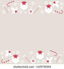 Party Decoration frame Invitation for the Christmas and new year with main holiday symbols (gifts, Sparkler, Christmas toy, candy, Holly and snow)