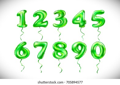 Party decoration golden balloons. Anniversary sign for happy holiday, celebration, birthday, carnival, new year. art vector green number 1, 2, 3, 4, 5, 6, 7, 8, 9, 0 metallic balloon.