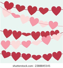 Party decoration heart string, red. pink festive garland of tissue paper. Vector banner template for the holidays with a garland for decoration on St. Valentine's day, Birthday. Postcards, stickers. 
