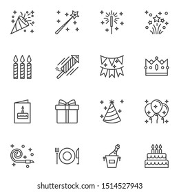 Party decoration line icons set. linear style symbols collection, outline signs pack. vector graphics. Set includes icons as popper, fireworks rocket, invitation card, flag, party balloons, cone hat