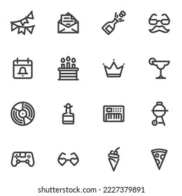 Party decoration line icons set, outline vector symbol collection, linear style pictogram pack. Signs, logo illustration. Set includes icons as event calendar, pizza, birthday cake, cocktail, dessert