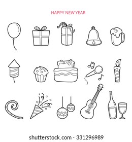 Party Decoration Outline Icons Set, Monochrome, Happy New Year, Merry Christmas, Xmas, Objects, Festive, Celebrations