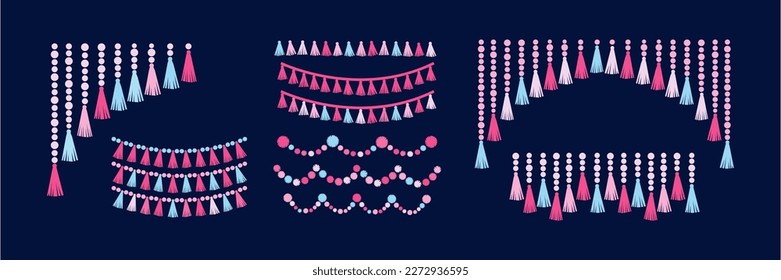 Party decoration set garlands and buntings made of tassels, stars, beads, pompoms. Party supplies. Flat vector illustration