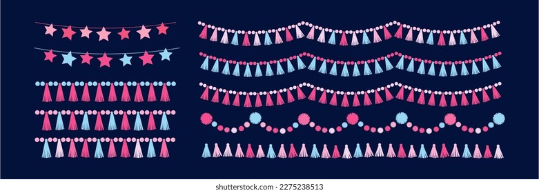 Party decoration set garlands and buntings made of tassels, stars, beads, pompoms. Party supplies. Flat vector illustration