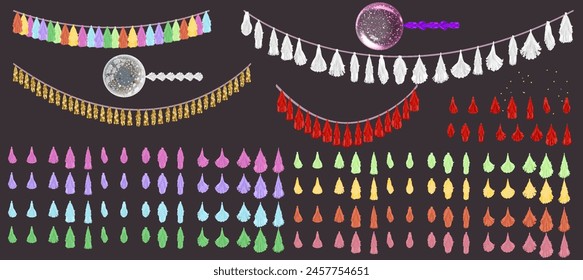 Party decoration set garlands and buntings made of tassels, stars, beads, pompoms. Party supplies. Flat vector illustration