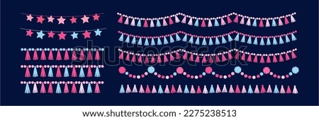 Party decoration set garlands and buntings made of tassels, stars, beads, pompoms. Party supplies. Flat vector illustration