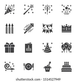 Party decoration vector icons set, modern solid symbol collection, filled style pictogram pack. Signs, logo illustration. Set includes icons as popper, fireworks, invitation card, flag, party balloons