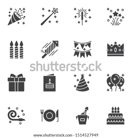 Party decoration vector icons set, modern solid symbol collection, filled style pictogram pack. Signs, logo illustration. Set includes icons as popper, fireworks, invitation card, flag, party balloons