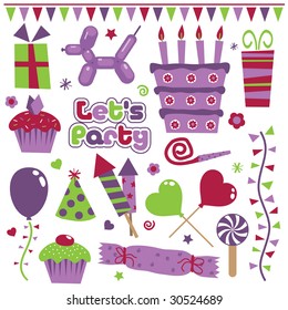 party decorations, balloons, gifts and cakes in purple and green