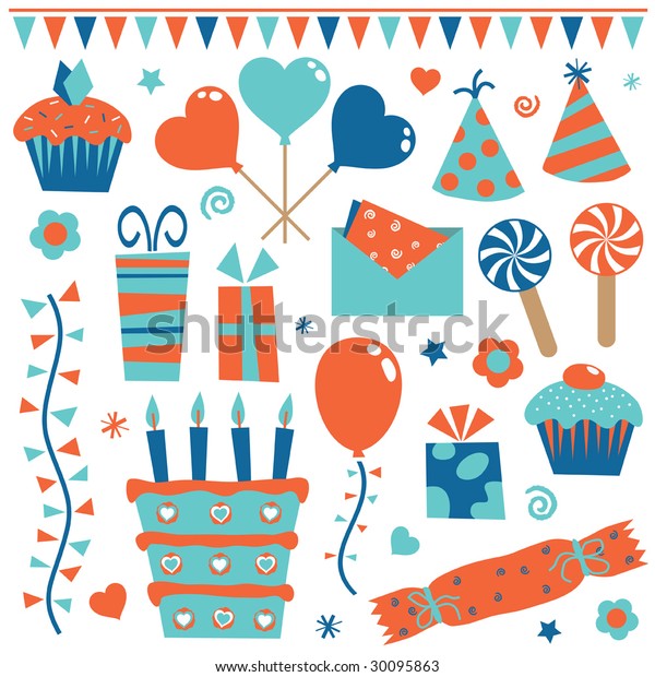 Party Decorations Balloons Gifts Cakes Blue Stock Vector Royalty