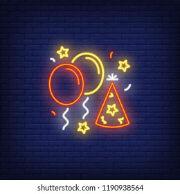 Party decorations neon sign. Luminous signboard with balloons and party hats. Night bright advertisement. Vector illustration in neon style for birthday, event, entertainment