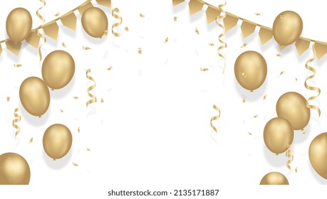 Party decorations set. Golden realistic balloons and ribbons, decoration for greeting banners and posters. Place for text, birthday invitation, graphic elements for site. Isometric vector illustration