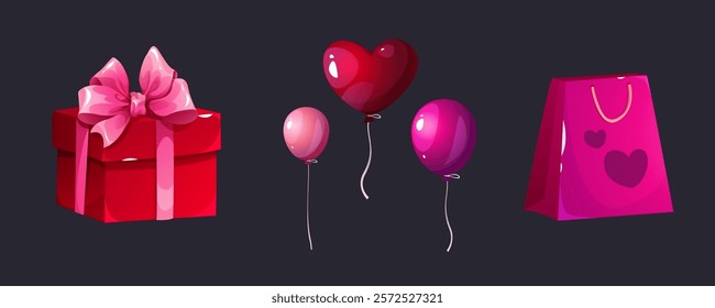 Party decorations set. Vector collection of cartoon gifts and balloons. Holiday design elements