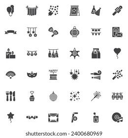 Decoración de fiestas conjunto de iconos vectoriales, colección moderna de símbolos sólidos, paquete de pictogramas estilo relleno. Señales, ilustración del logotipo. El juego incluye iconos como canapé de confeti, luces de partido, globos, guirnaldas, bandera