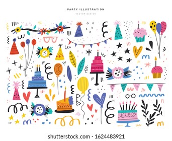 Party decorative items flat vector illustrations set