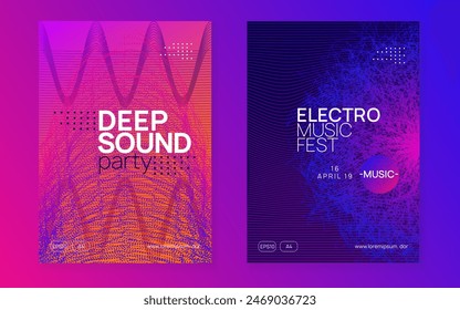 Party Design. Blue Dance Background. Fest Electro Graphic. Sound Flyer. Violet Music Banner. Psychedelic Disco Invitation. Concert Cover. Pink Party Design