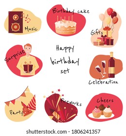 Party design concept set with birthday fireworks flat icons isolated vector illustration