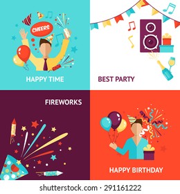 Party Design Concept Set With Birthday Fireworks Flat Icons Isolated Vector Illustration