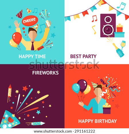 Party design concept set with birthday fireworks flat icons isolated vector illustration