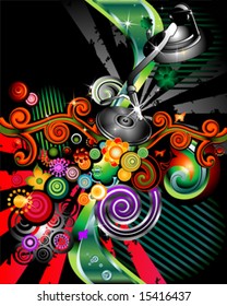Party design with turntable on floral grunge background