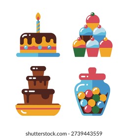 Party dessert set with layered cake, candy jar, cupcakes and chocolate fountain, colorful celebration food icons for festival, bakery advertising