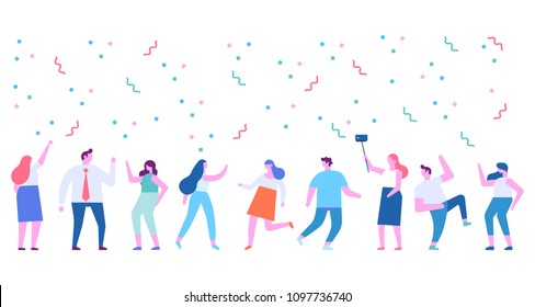 Party. Different people dancing and celebrate. Cartoon style, flat vector illustration.