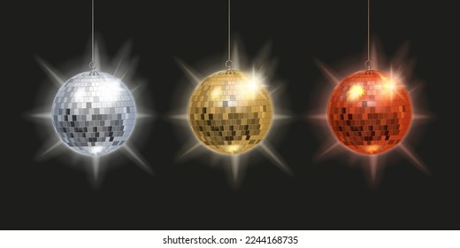New year baubles. Shiny gold disco balls on violet background. Pop disco  style attributes, retro Stock Photo by jchizhe