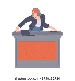Party DJ musician male cartoon character behind dj controller device, flat vector illustration isolated on white background. Music streaming or club party.